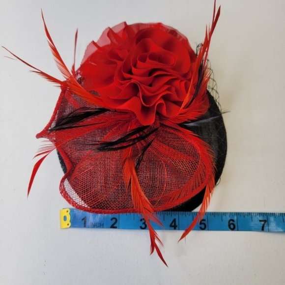 Red and Black Fascinator on Oval Base Sinamay Floral Accent with Feathers - Picture 12 of 16